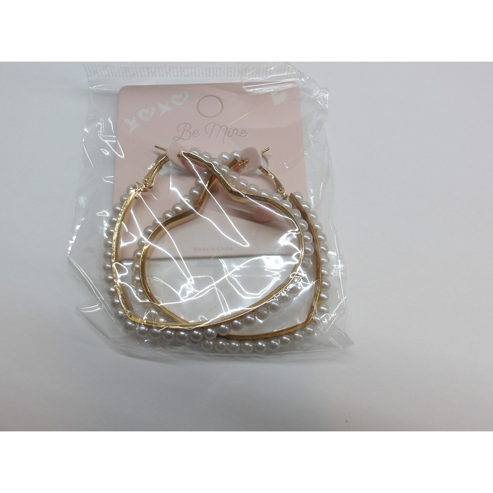 Be Mine Gold Tone Faux Pearl Heart Shaped Large Hoop Earrings New /#26826